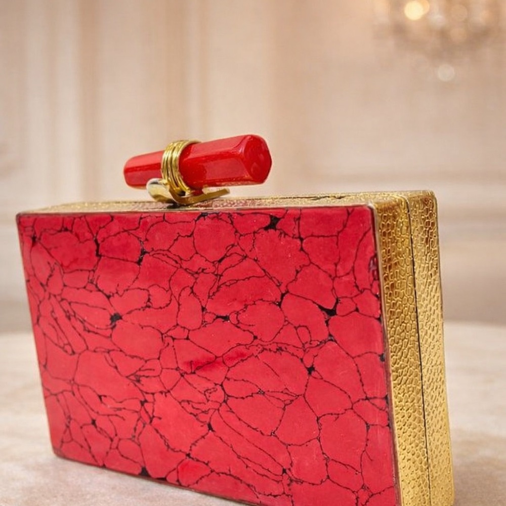 Red Stone-Effect Rectangle Evening Clutch - image 4